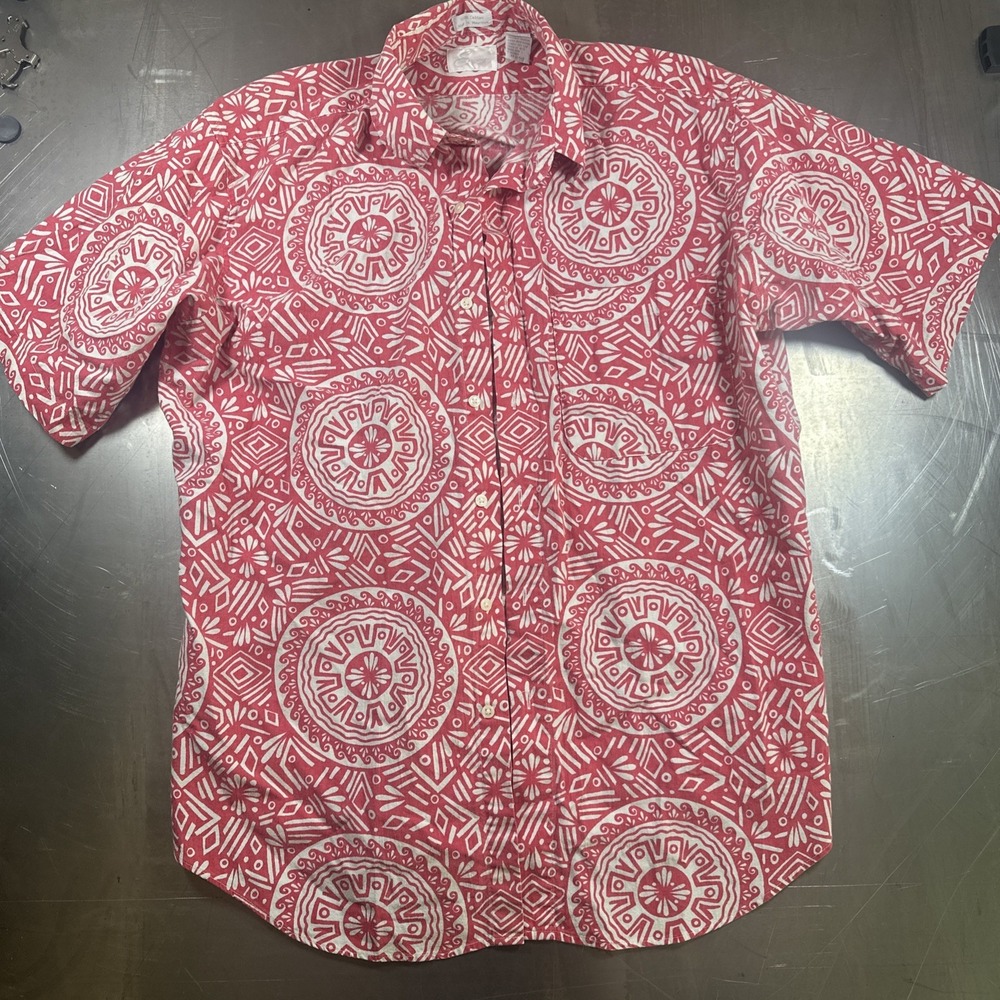 Vintage Envoy Hawaiian Aloha Shirt Men's Lg Salmon White Geometric 100% Cotton